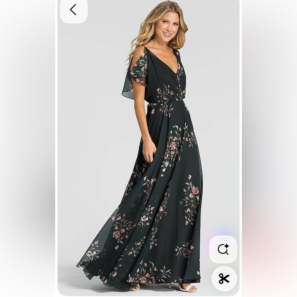 Jenny Yoo Cassie
Flutter Sleeve
Surplice Gown
Black with Floral Pattern. - Picture 5 of 16